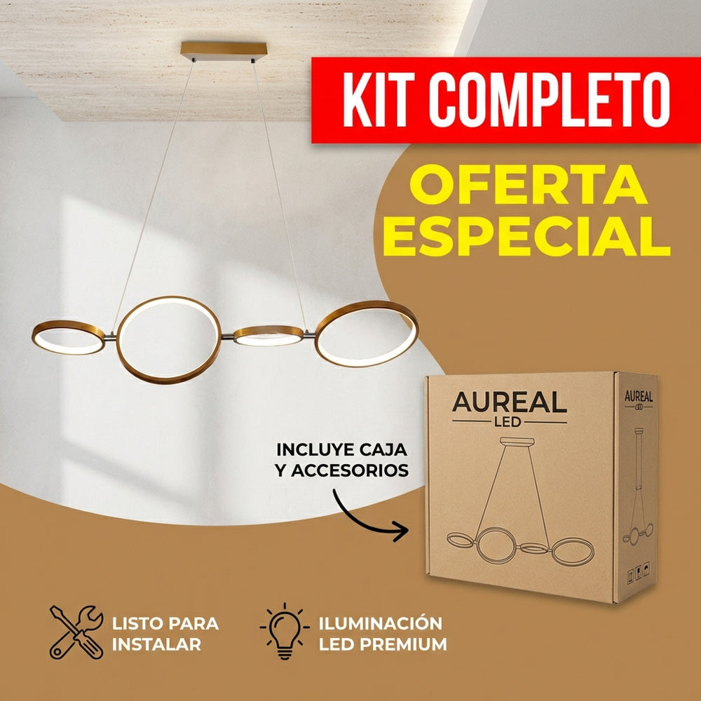 AUREAL colgante dorada de anillos junto a su caja de empaque con accesorios