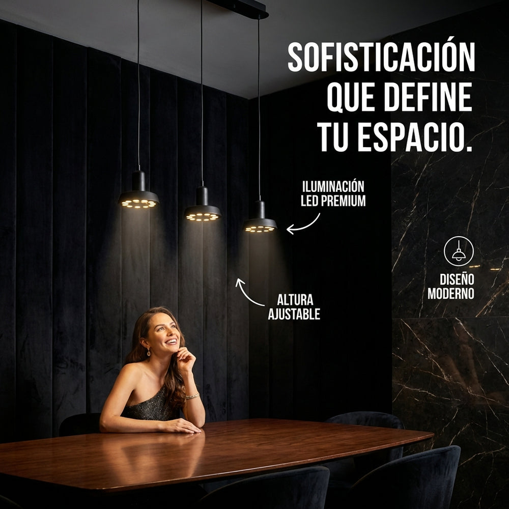 BELEL II de 3 luces negras encendidas sobre mesa de comedor de madera