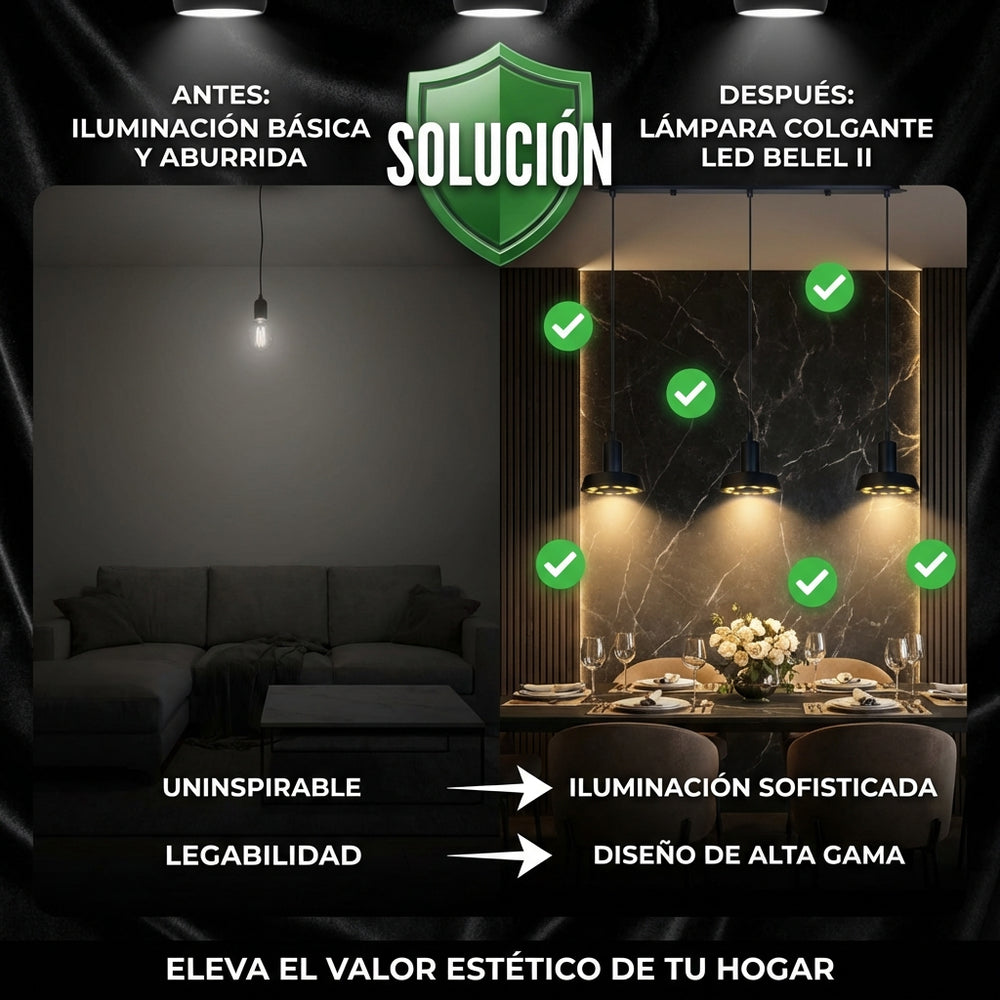 Comparativo antes y después de comedor iluminado con BELEL II de 3 luces