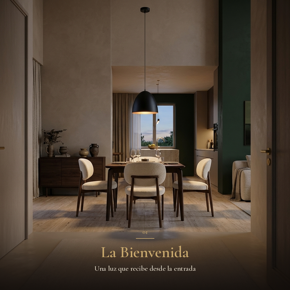 MENAIA encendida sobre el comedor al llegar a casa al atardecer