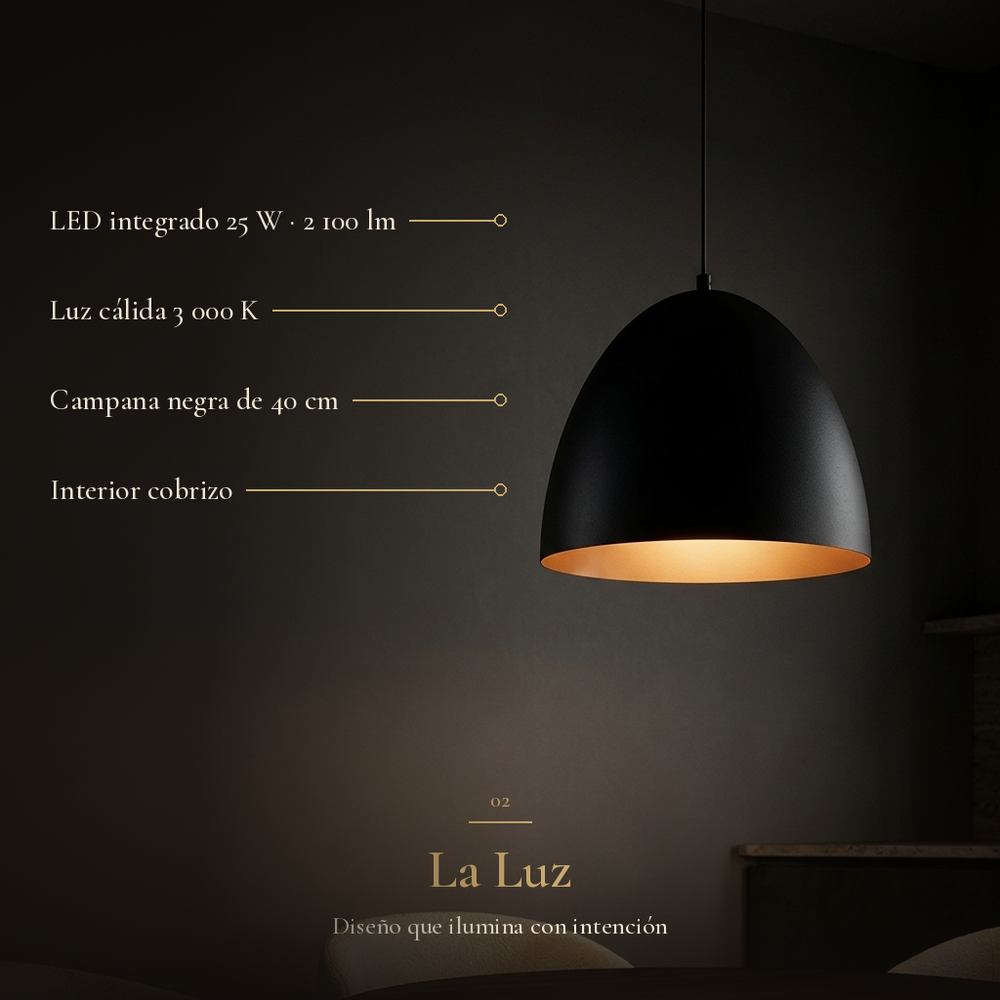 MENAIA: LED integrado 25 W · 2 100 lm, Luz cálida 3 000 K, Campana negra de 40 cm, Interior cobrizo
