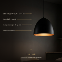MENAIA: LED integrado 25 W · 2 100 lm, Luz cálida 3 000 K, Campana negra de 40 cm, Interior cobrizo