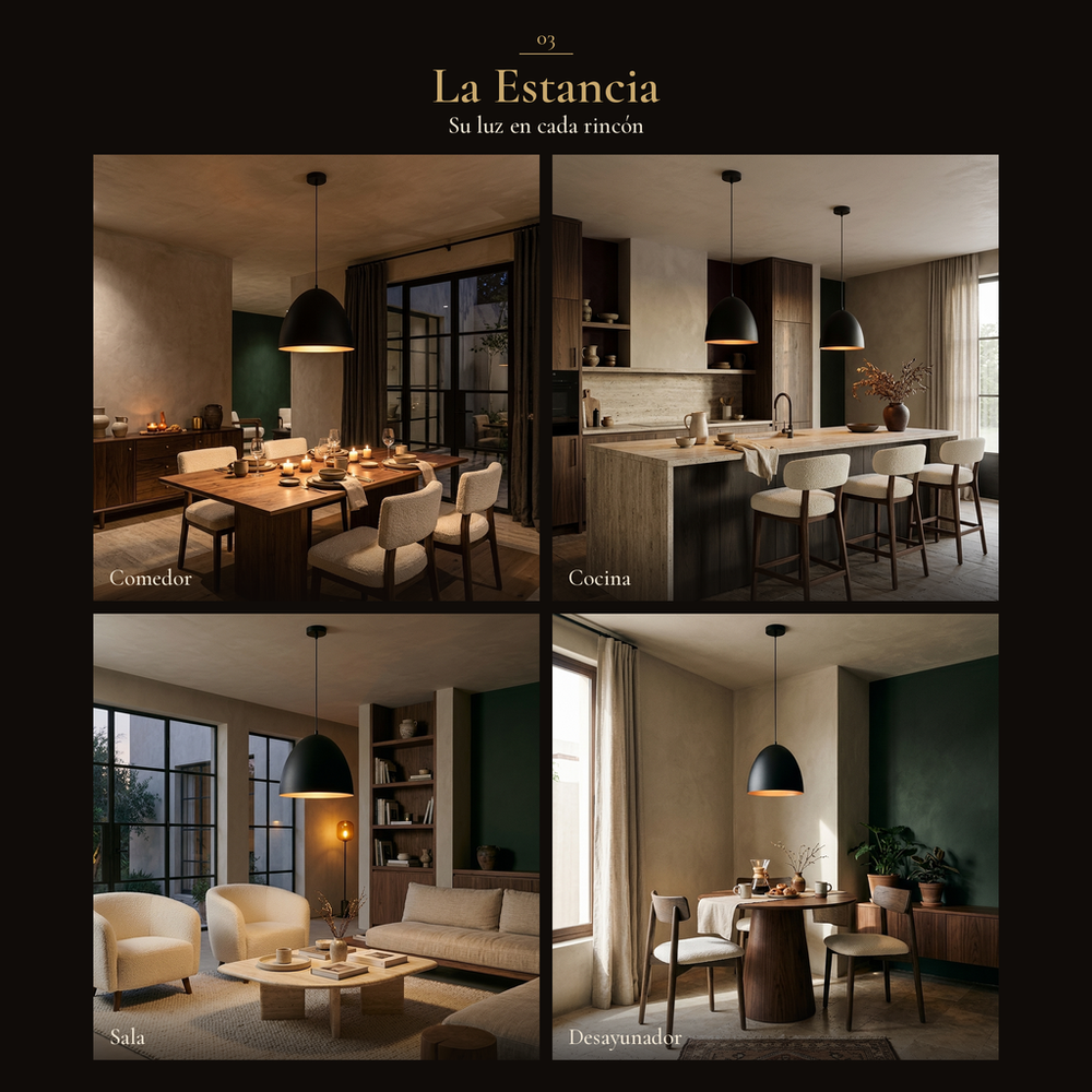 MENAIA en cuatro espacios: comedor, cocina, sala, desayunador
