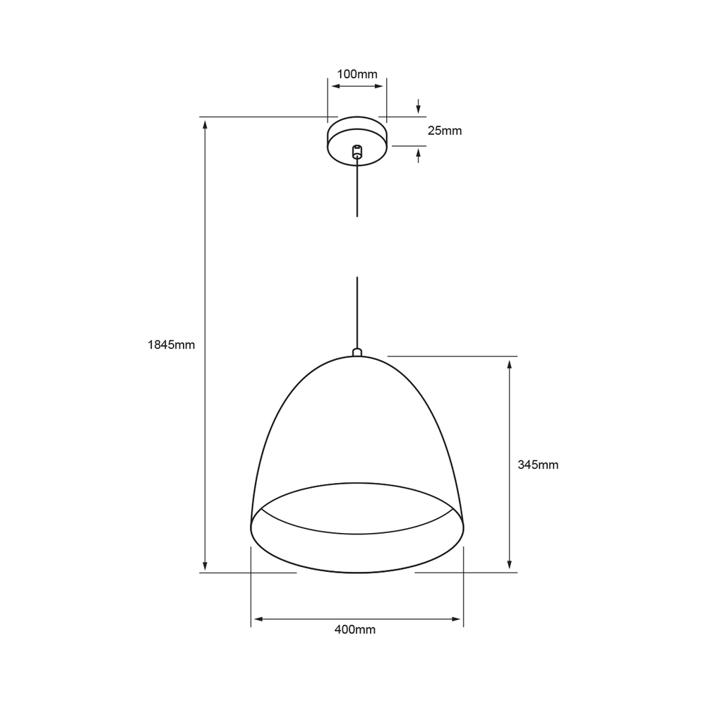 Dibujo técnico con medidas de MENAIA: campana de 400 mm de ancho y 345 mm de alto, altura total 1845 mm