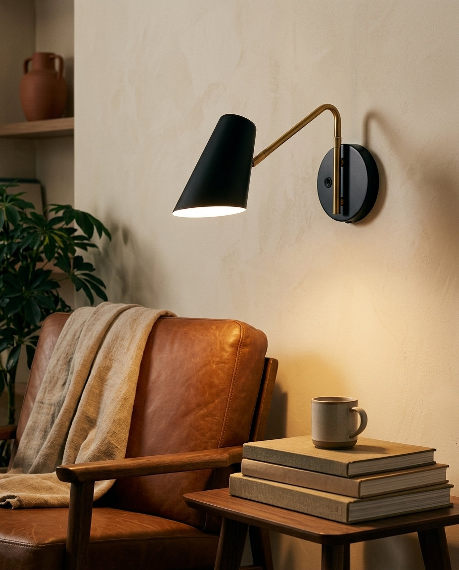 Lámpara de pared NARELLA dirigible iluminando sillón de piel cognac y libros en rincón de lectura