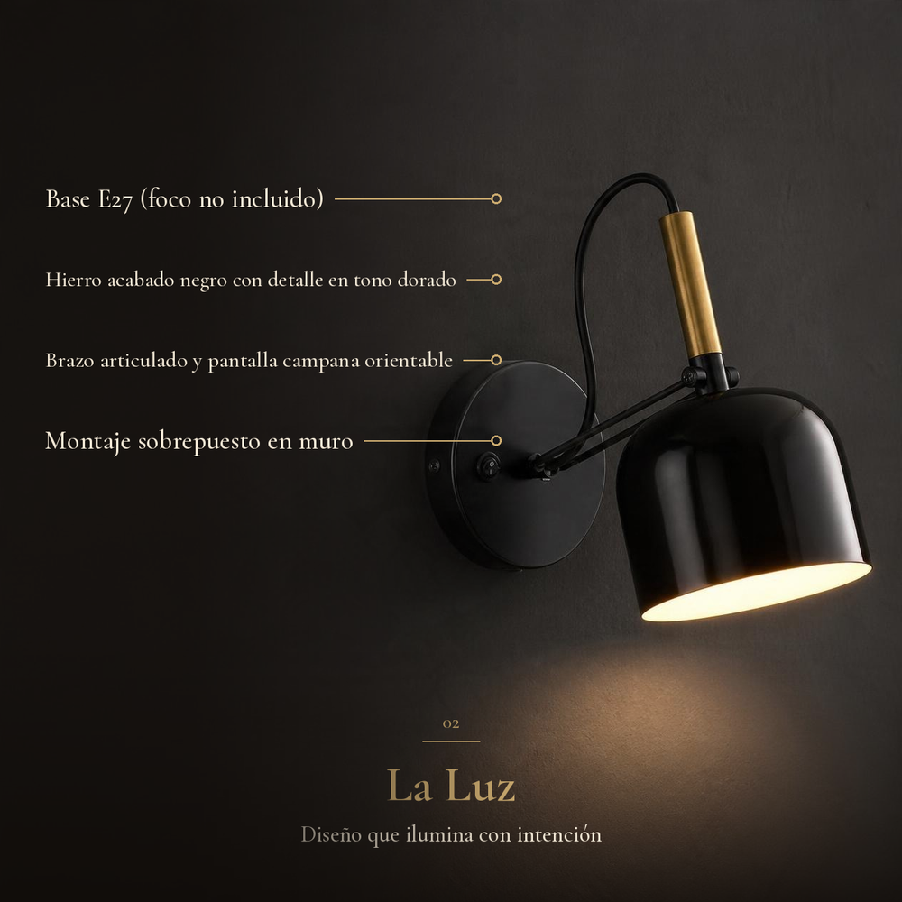 NOLIA con ficha: base E27 sin foco, hierro negro con detalle dorado, brazo articulado y pantalla orientable