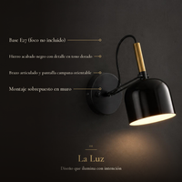 NOLIA con ficha: base E27 sin foco, hierro negro con detalle dorado, brazo articulado y pantalla orientable