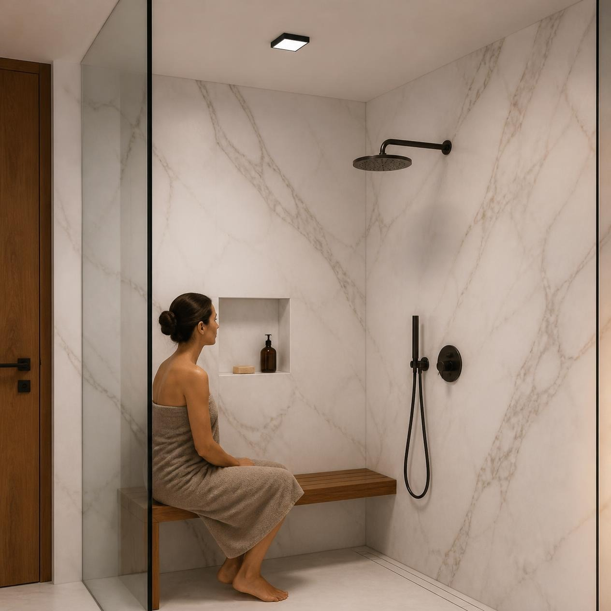 OKAB II en techo de regadera de baño de mármol