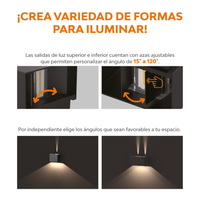 PIRQA con aletas ajustables de 15° a 120° para salidas de luz superior e inferior