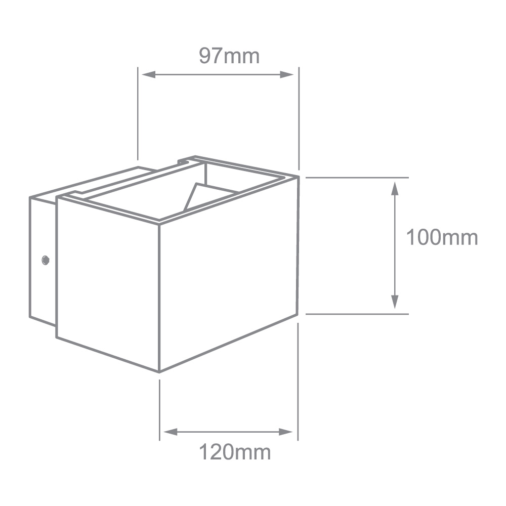 Dibujo técnico de PIRQA: 120 mm de ancho, 100 mm de alto y 97 mm de fondo