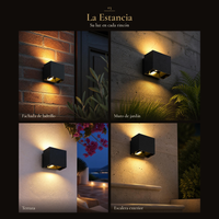 PIRQA encendido en fachada de ladrillo, muro de concreto de jardín, terraza blanca con bugambilias y escalera de travertino: collage de 4 ambientes