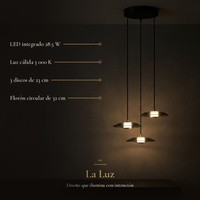 PRATO III: LED integrado 28.5 W, Luz cálida 3 000 K, 3 discos de 23 cm, Florón circular de 32 cm