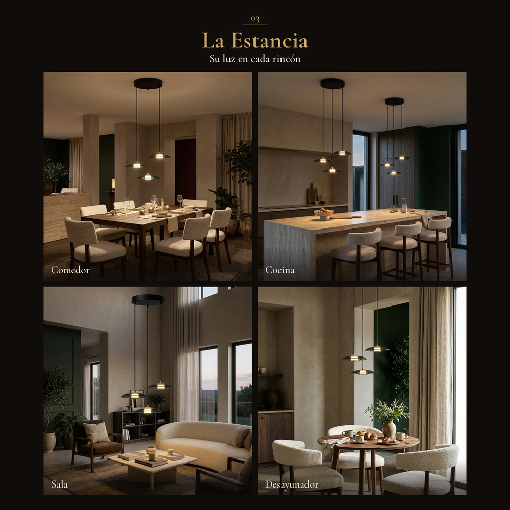 PRATO III en cuatro espacios: comedor, cocina, sala, desayunador