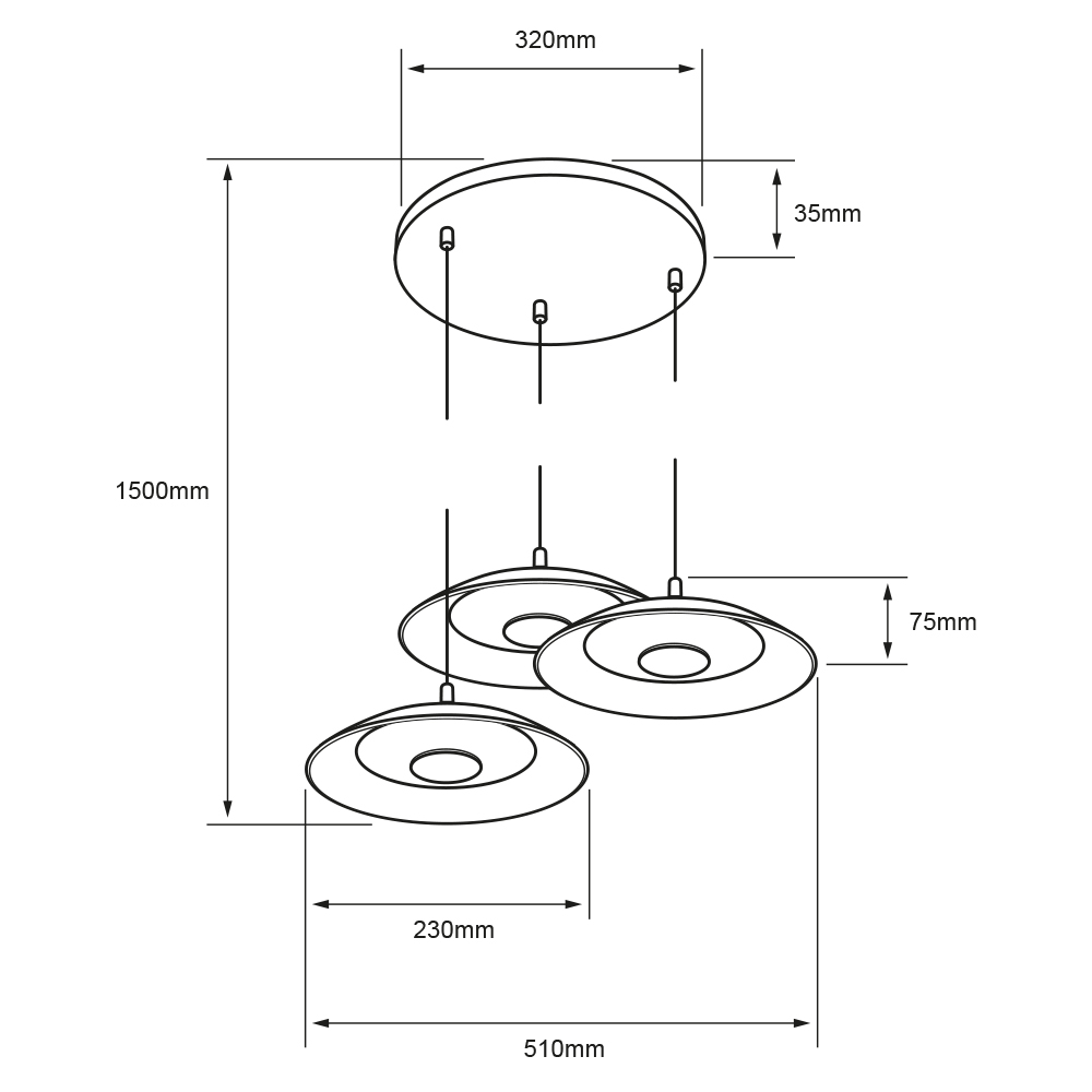 Dibujo técnico con medidas de PRATO III: 3 discos de 230 mm, conjunto de 510 mm y altura total 1500 mm