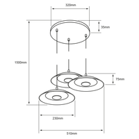 Dibujo técnico con medidas de PRATO III: 3 discos de 230 mm, conjunto de 510 mm y altura total 1500 mm