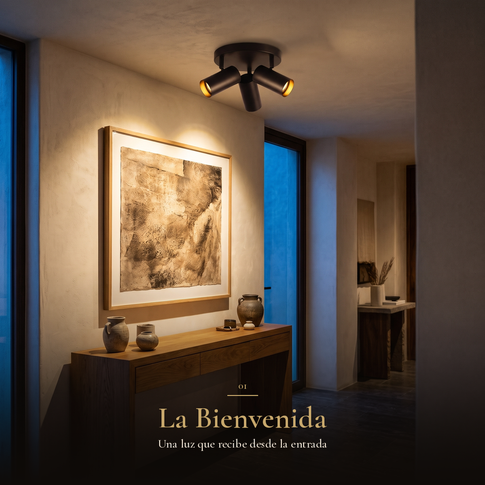 La Bienvenida: QUILLA REDONDO encendido en el recibidor iluminando consola y cuadro