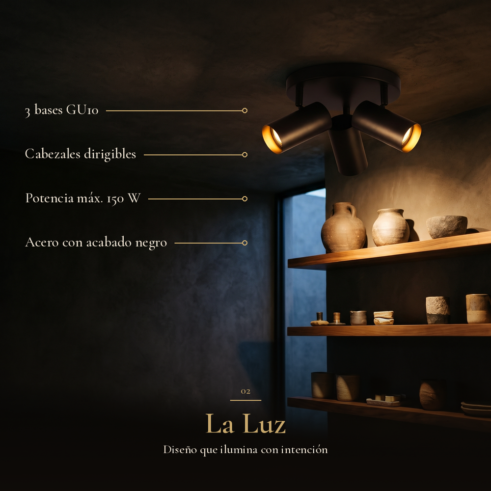 La Luz: QUILLA REDONDO con 3 bases GU10, Cabezales dirigibles, Potencia máx. 150 W, Acero con acabado negro