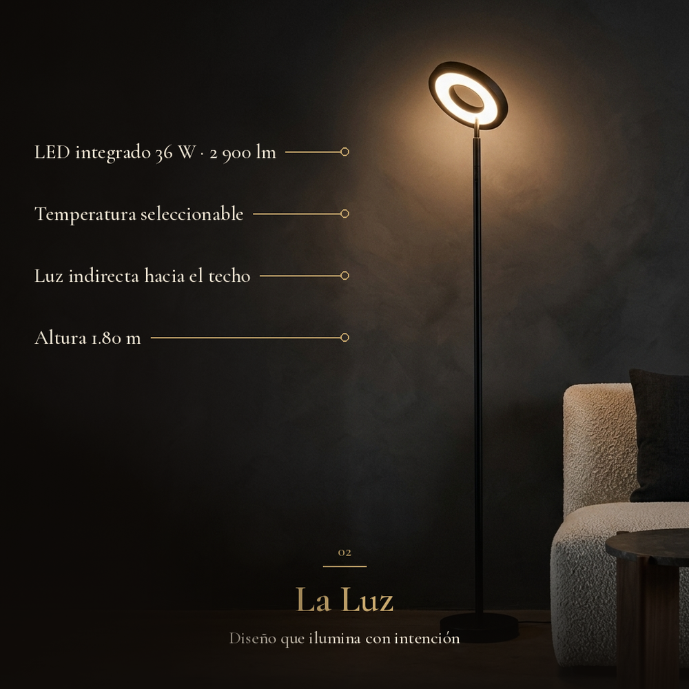 RAMPU: LED integrado 36 W · 2 900 lm, Temperatura seleccionable, Luz indirecta hacia el techo, Altura 1.80 m