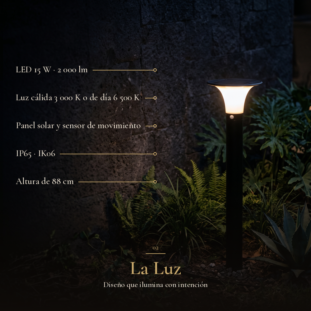 La Luz: SONNE II con LED 15 W · 2 000 lm, Luz cálida 3 000 K o de día 6 500 K, Panel solar y sensor de movimiento, IP65 · IK06, Altura de 88 cm