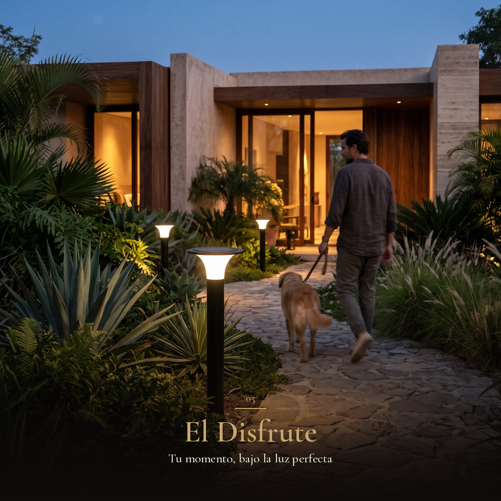 El Disfrute: Hombre paseando a su perro por un sendero iluminado por SONNE II
