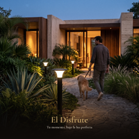 El Disfrute: Hombre paseando a su perro por un sendero iluminado por SONNE II