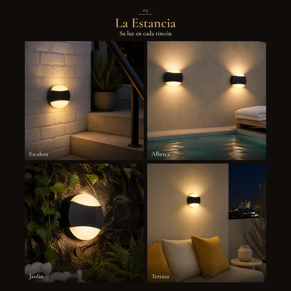 TESIA encendido en escalera exterior, alberca, jardín y terraza: collage de 4 ambientes