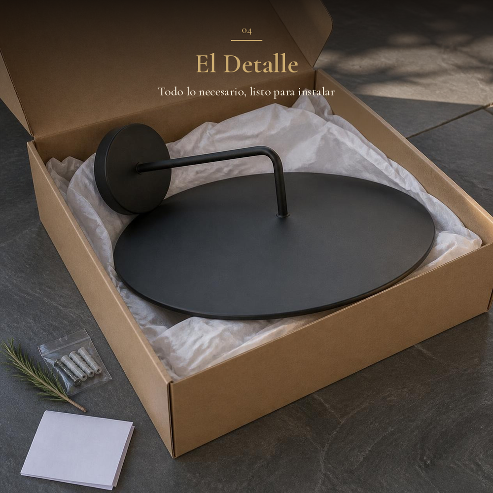 TITA I negro con disco de 45 cm en su caja kraft con tornillos, taquetes e instructivo