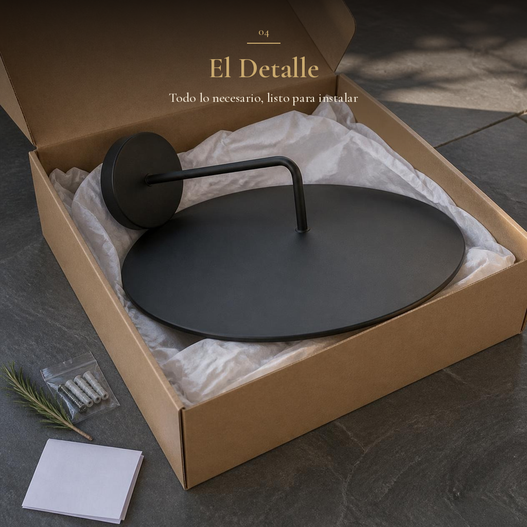 TITA I negro con disco de 45 cm en su caja kraft con tornillos, taquetes e instructivo