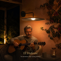 Hombre tocando guitarra de noche en patio bajo TITA I encendido