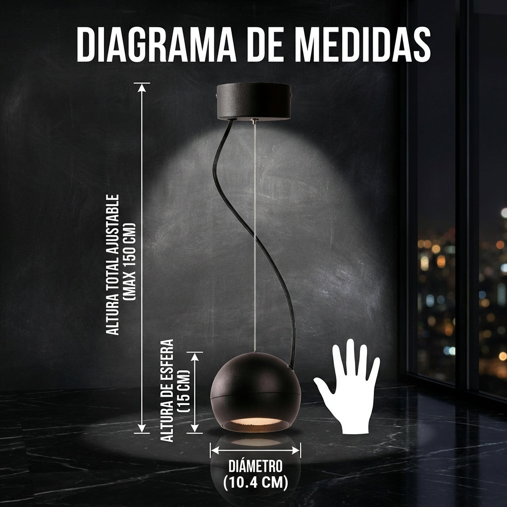Diagrama de medidas de TUPA: altura ajustable hasta 150 cm, esfera de 10.4 cm de diámetro