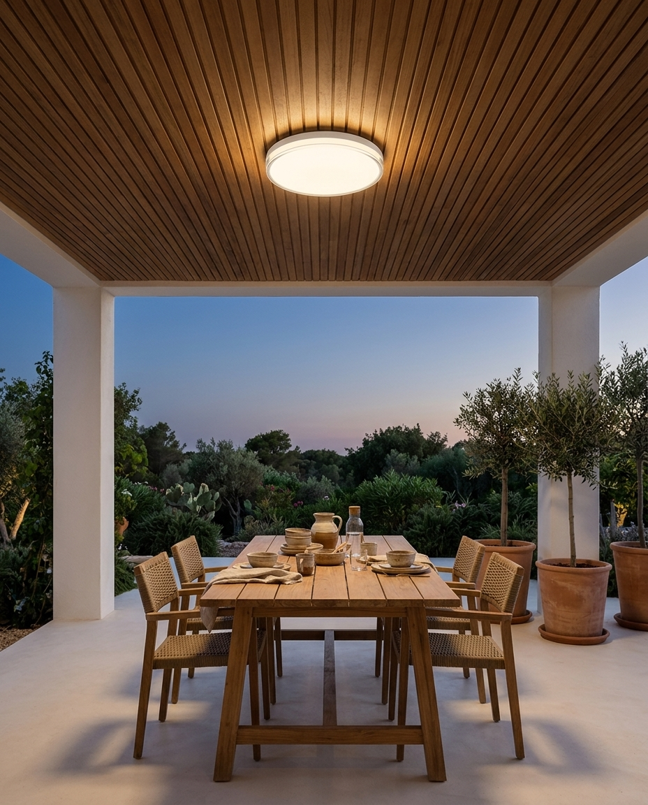 Plafón LED UKDA encendido en techo de madera de terraza techada sobre comedor exterior al anochecer