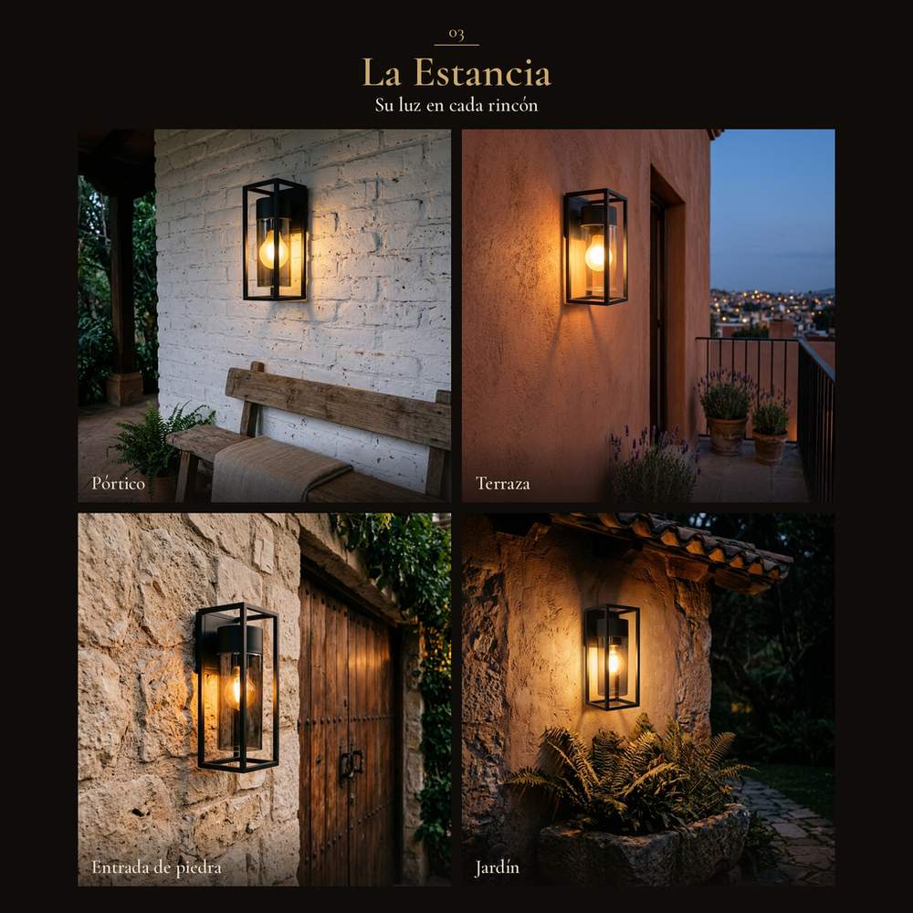 La Estancia: VEGA II iluminando pórtico, terraza, entrada de piedra y jardín techado