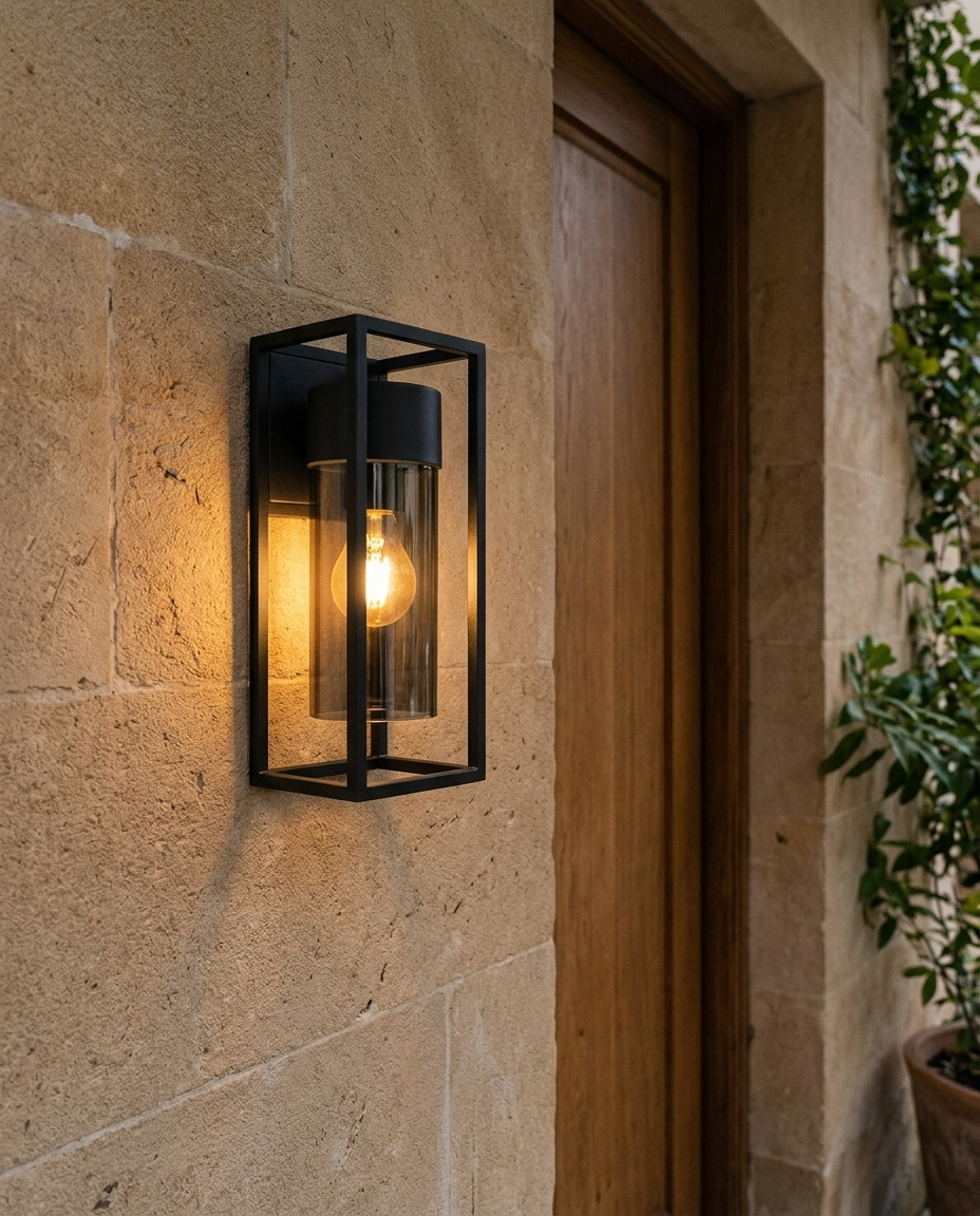 Arbotante tipo farol VEGA II negro encendido junto a la puerta de roble en pórtico de piedra caliza