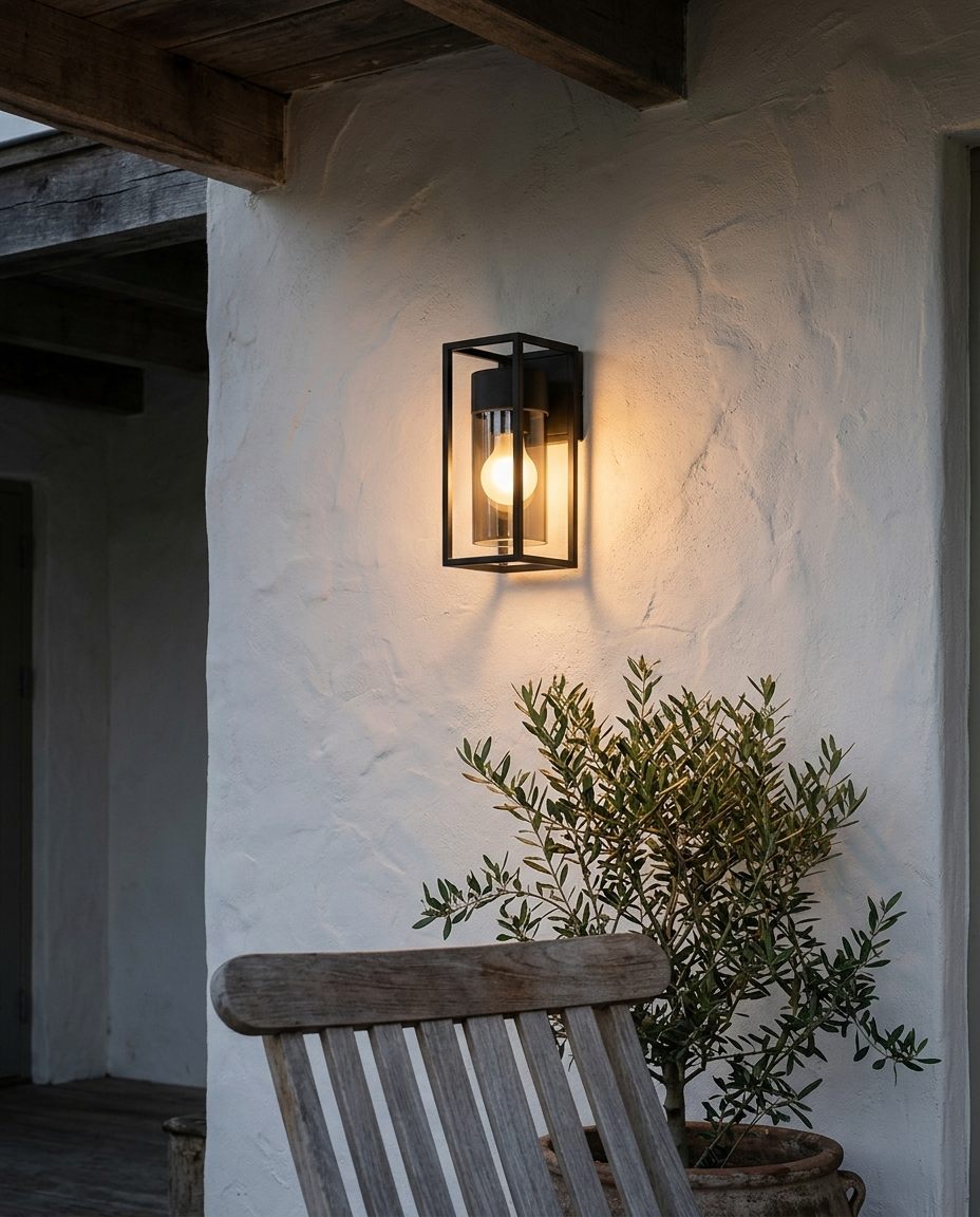 Lámpara de pared exterior VEGA II con luz cálida en terraza techada de muro blanco con olivo y silla de teca