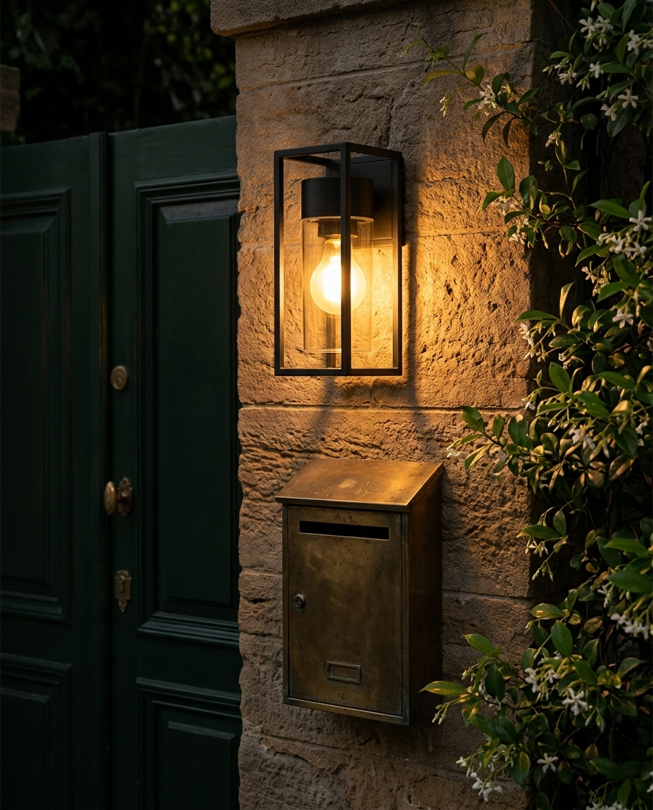 Farol de pared VEGA II encendido sobre buzón de latón en muro de piedra junto a portón verde del jardín