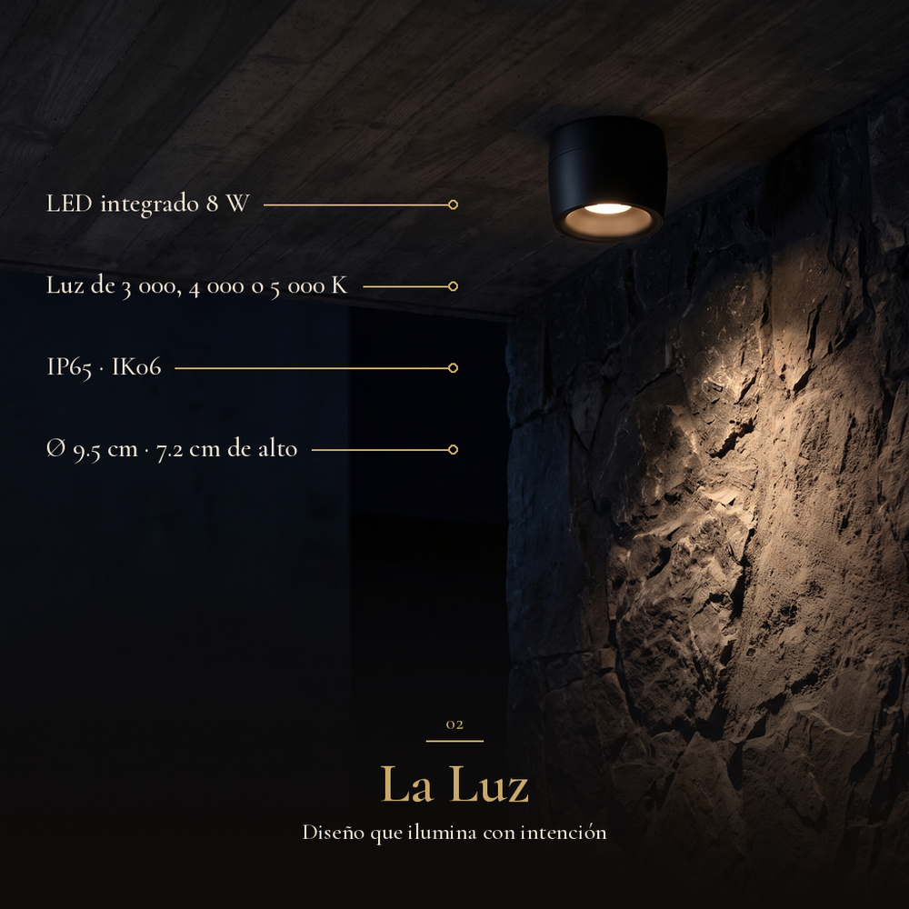 La Luz: VELORA I con LED integrado 8 W, Luz de 3 000, 4 000 o 5 000 K, IP65 · IK06, Ø 9.5 cm · 7.2 cm de alto