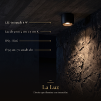 La Luz: VELORA I con LED integrado 8 W, Luz de 3 000, 4 000 o 5 000 K, IP65 · IK06, Ø 9.5 cm · 7.2 cm de alto