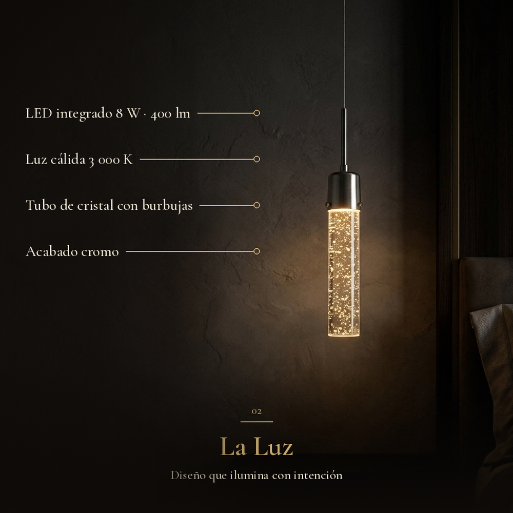 VETRO I: LED integrado 8 W · 400 lm, Luz cálida 3 000 K, Tubo de cristal con burbujas, Acabado cromo