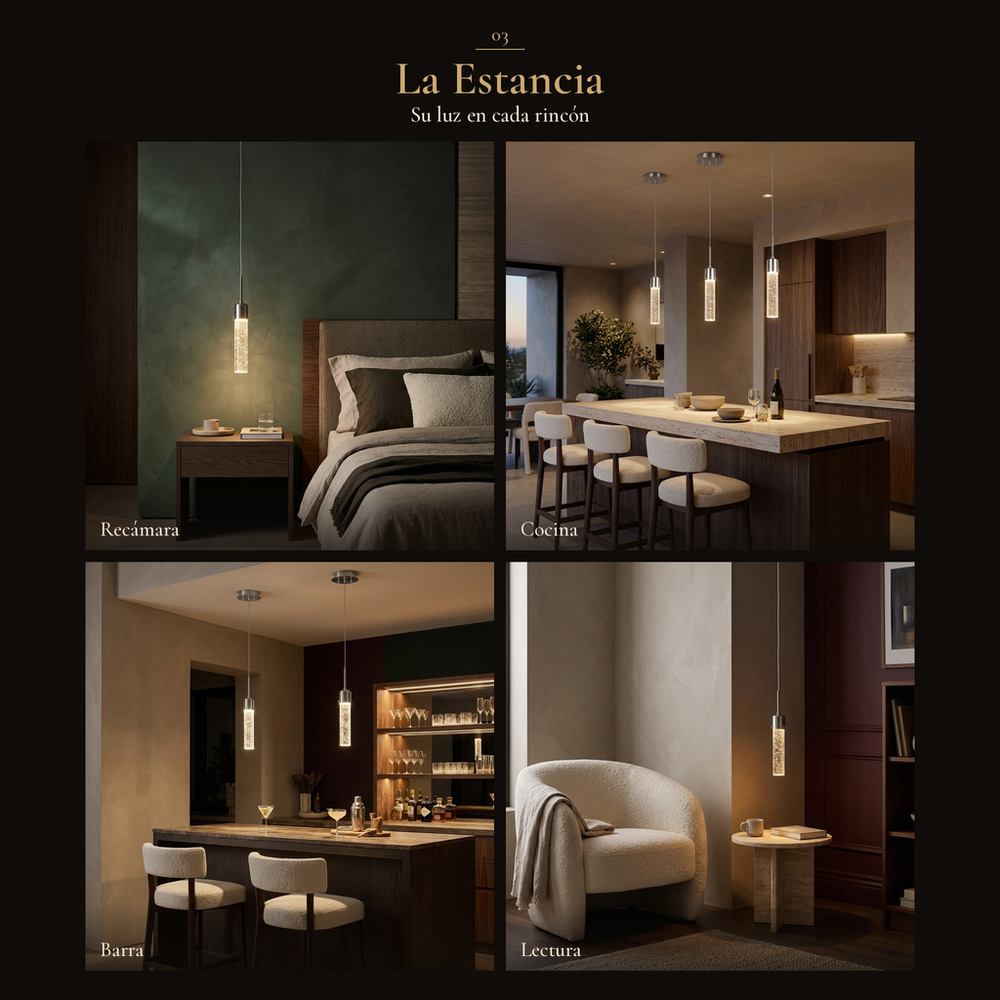 VETRO I en cuatro espacios: recámara, cocina, barra, lectura