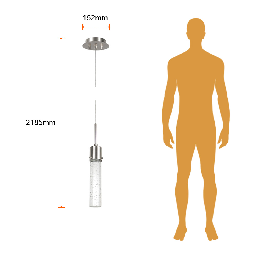 VETRO I junto a silueta humana para comparar su tamaño: tubo de 45 mm de ancho y 360 mm de alto, florón de 152 mm, altura total 2185 mm