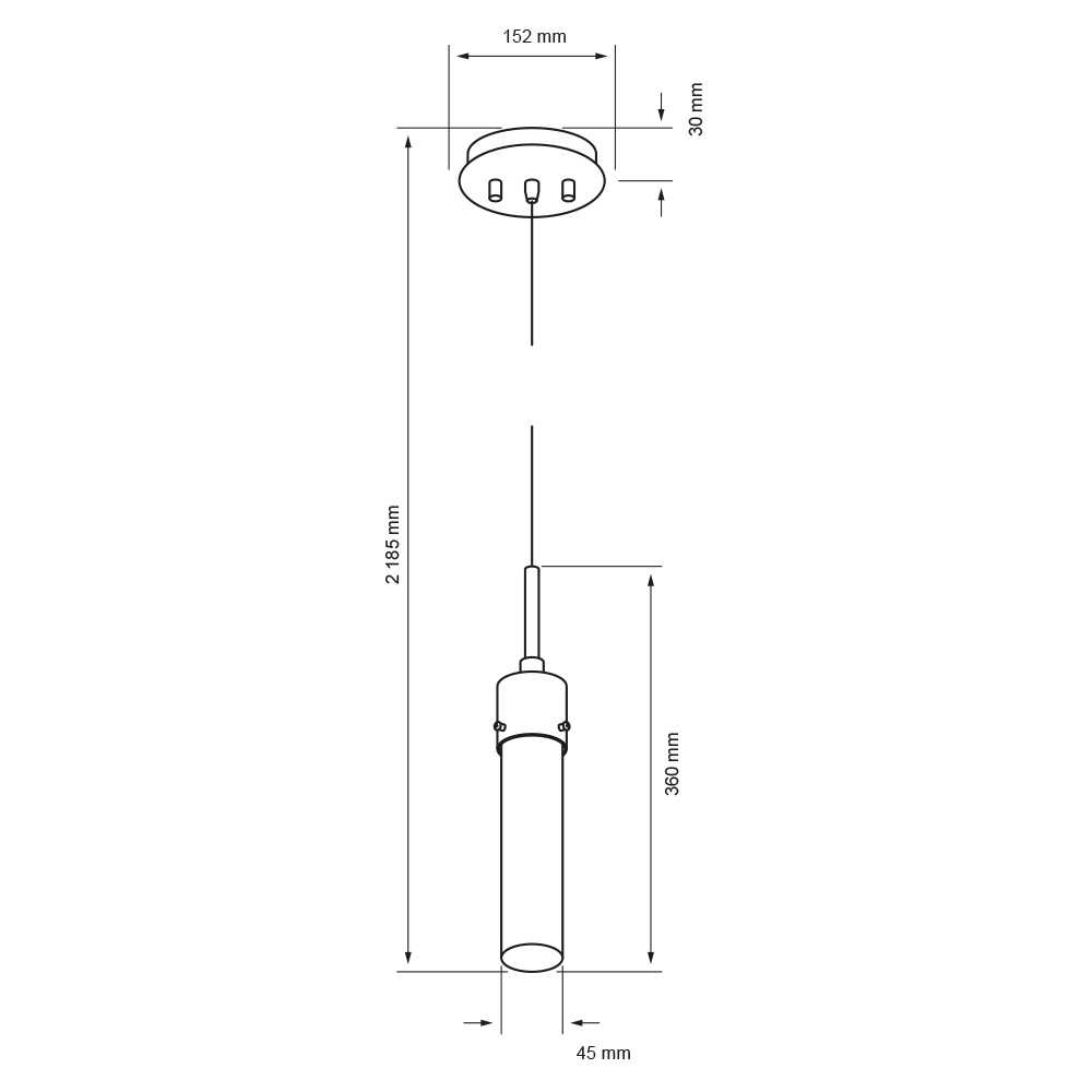 Dibujo técnico con medidas de VETRO I: tubo de 45 mm de ancho y 360 mm de alto, florón de 152 mm, altura total 2185 mm
