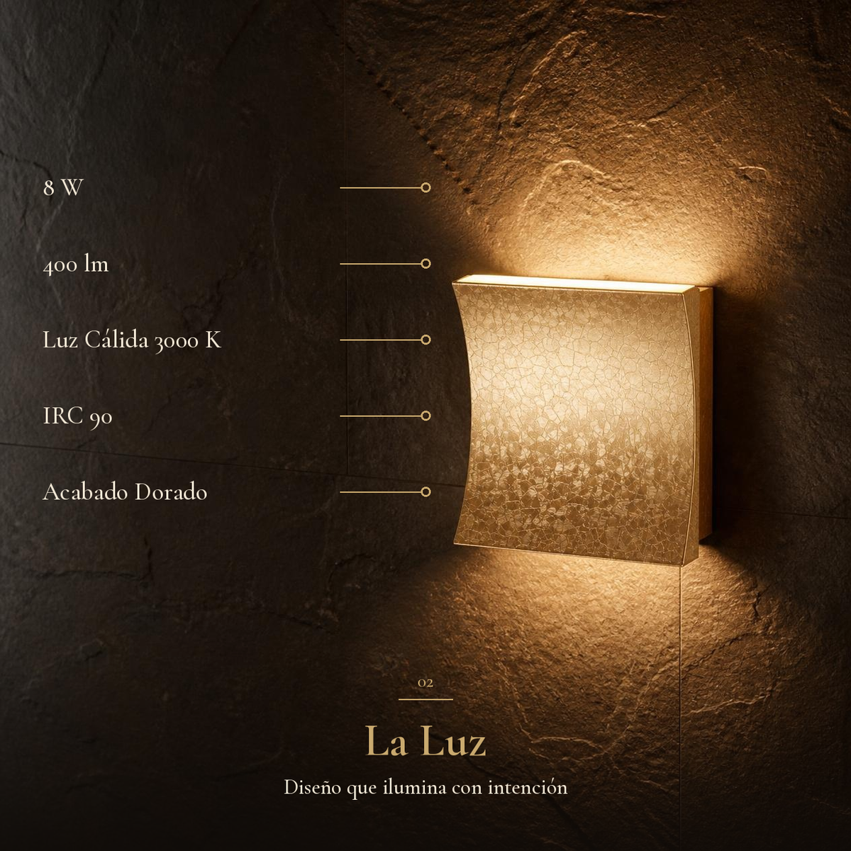 VIPERA WALL I con ficha: LED 8 W, 400 lm, luz cálida 3000 K, IRC 90, acabado dorado