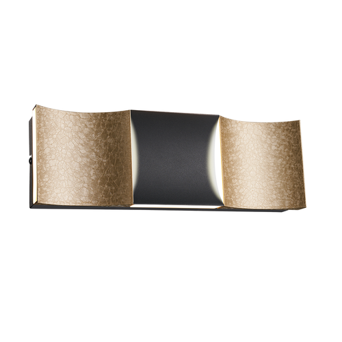 VIPERA WALL II arbotante LED con centro negro y alas curvas doradas texturizadas, encendido, fondo blanco – Lámpara de Diseño Báez Lumina