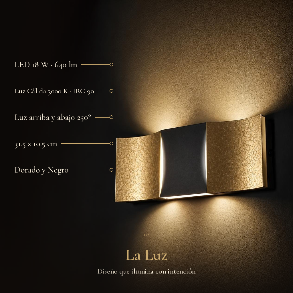 Acercamiento de VIPERA WALL II encendido en muro oscuro: LED 18 W, 640 lm, 3000 K, IRC 90, 31.5 x 10.5 cm, dorado y negro