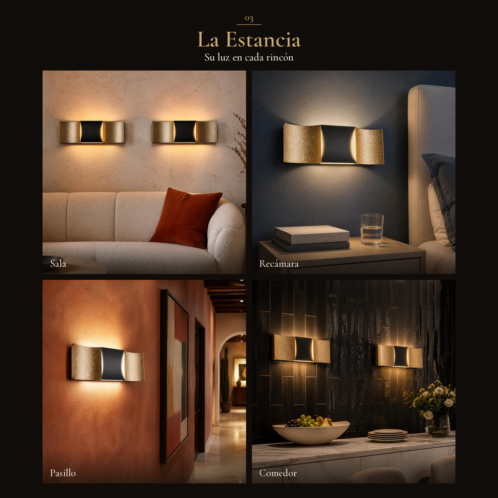 VIPERA WALL II encendido en sala, recámara, pasillo y comedor: collage de 4 ambientes con luz cálida