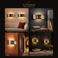 VIPERA WALL II encendido en sala, recámara, pasillo y comedor: collage de 4 ambientes con luz cálida