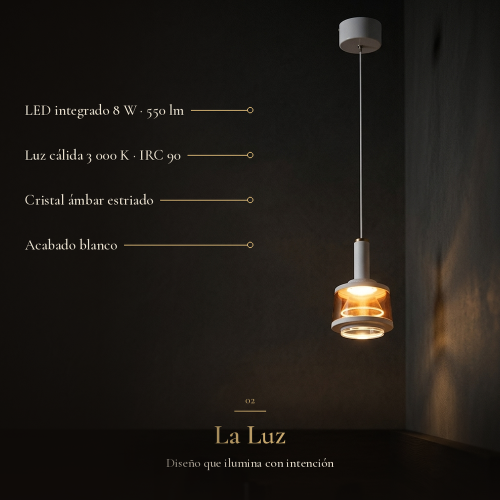 VIRGIS I: LED integrado 8 W · 550 lm, Luz cálida 3 000 K · IRC 90, Cristal ámbar estriado, Acabado blanco