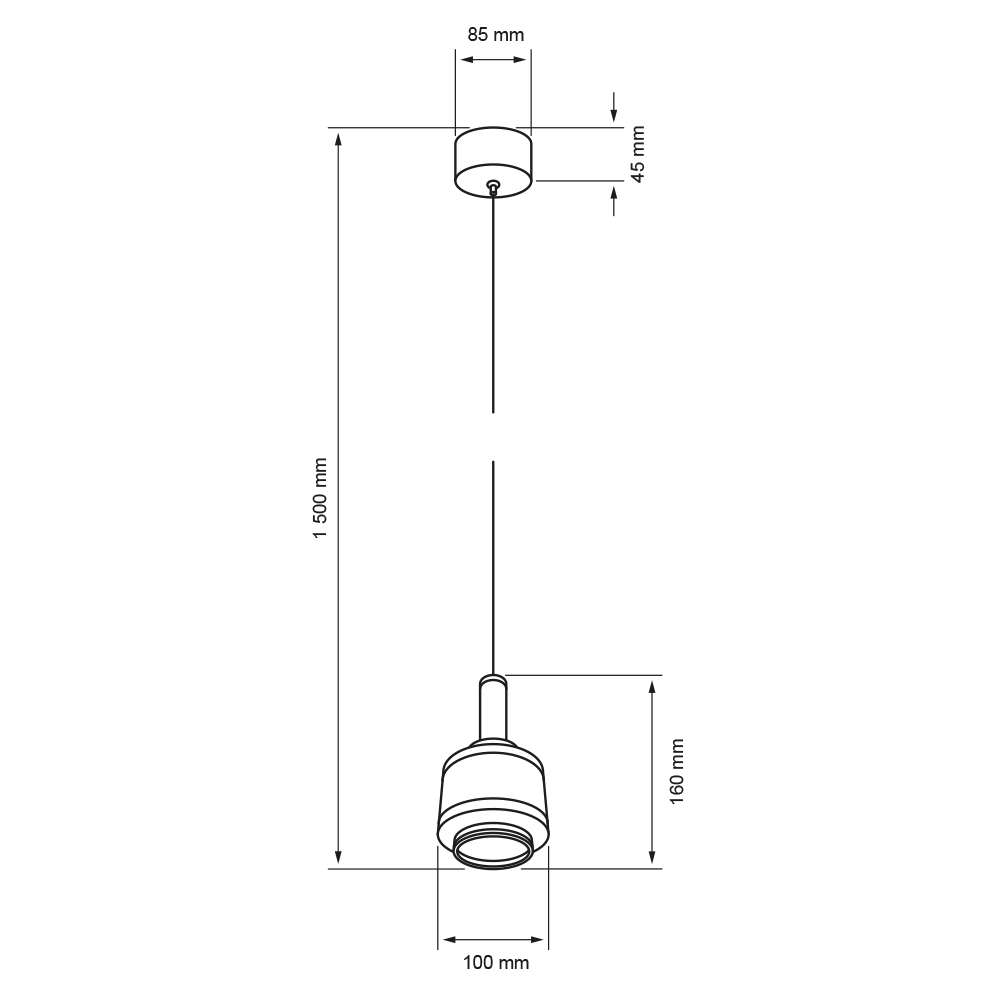 Dibujo técnico con medidas de VIRGIS I: pantalla de 100 mm de ancho y 160 mm de alto, altura total 1500 mm