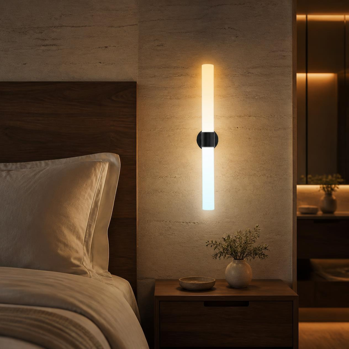 VOTIVA II junto a cama en recámara con buró de madera