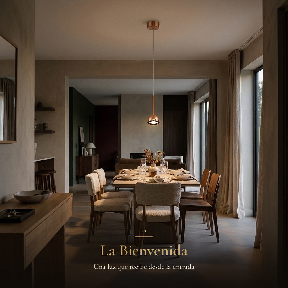ZAVI II encendida sobre el comedor al llegar a casa al atardecer